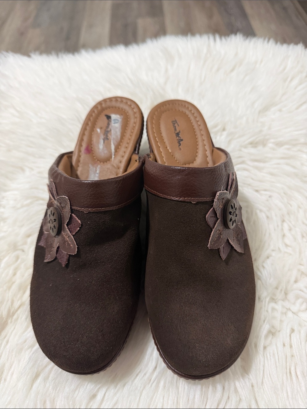 Thom McAn Brown Suede Slip-On Clog Mules with Floral Button Accent Size 8.5